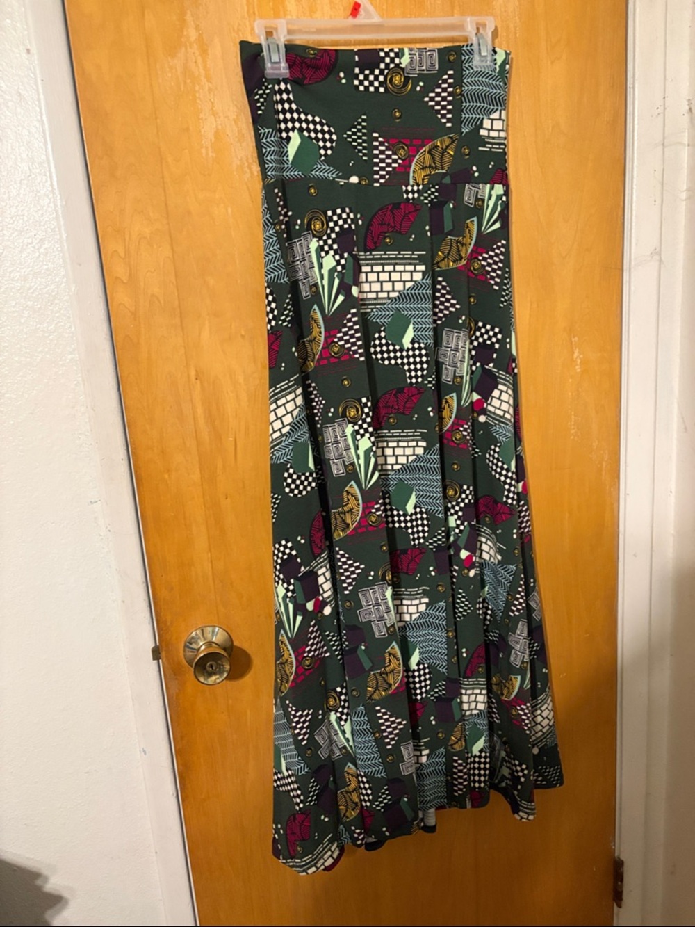 Abstract Emerald Maxi Skirt with Multicolor Geometric Print